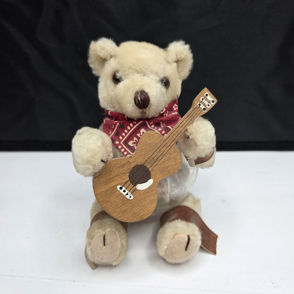 Vintage Teddy Bear Candy Jar w/ Guitar Bandana Plush Cookie Jar Decor